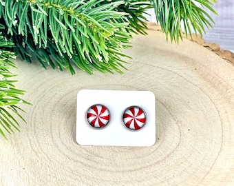 Peppermint Christmas Earrings/ Holiday Earrings/ Stainless Steel/ Hypoallergenic/ Stud Earrings/ Stocking Stuffer/ Jewelry Gifts/ 1 Pair