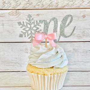 12 Snowflake One Cupcake Toppers With Bow, Winter First Birthday, One Cupcake Toppers, Snowflake Toppers, Winter Wonderland Decor