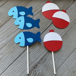 12 Fish And Bobber Cupcake Toppers, Fishing Birthday Party, Fish Toppers, Bobber Toppers