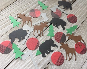 Deer Bears Trees Axe Cake Table Decor Table Confetti Red and Black Plaid Buffalo Plaid Confetti Lumberjack Confetti