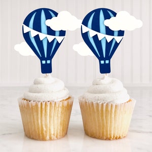 12 Heißluftballon Cupcake Topper, Marine und Grau Heißluftballons, Up and Away Dekor, Oh die Orte, an die Sie gehen werden Geburtstag, Babyparty