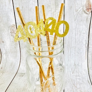 40th Birthday Paper Straws, 40th Birthday Party Decorations,  Gold Paper Straws, 12 Straws