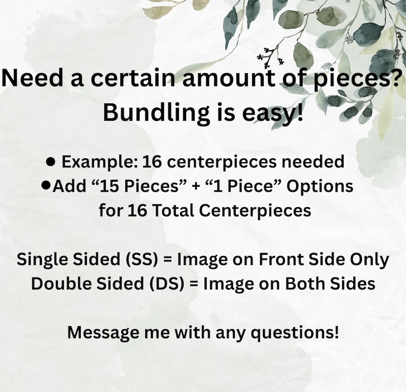 May include: Image with text about bundling options for centerpieces. Text includes "Need a certain amount of pieces? Bundling is easy!" and examples for single and double-sided images. Floral background.