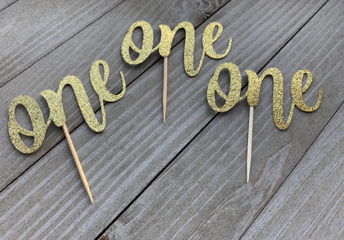 12 Gold Glitter One Cupcake Toppers, First Birthday, One Cupcake ...