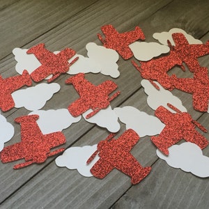 100 red airplanes and clouds, red glitter planes, white clouds, up, up and away, times flies birthday party decor