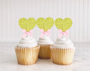 Heart Cupcake Toppers/ Gold Glitter Valentine Heart Cupcake/ Bachelorette Party Decor/ Valentine's Day Party/ Love/ Be Mine/ Sweetheart
