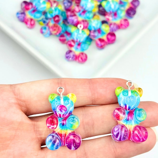 Large Tie Dye Gummy Bear Charms/ Resin Gummy Bear Charms With Hooks/ Hippy Gummy Bear/ Jewelry Making Supplies/ 2 Pieces