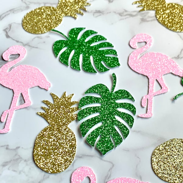 100 Tropical Flamingo Confetti/ Pink Flamingos/ Pineapples/ Tropical Leaf/ Luau Decor/ Bachelorette Party/ Let's Flamingle decor