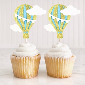 12 Hot Air Balloon Cupcake Toppers, Baby  Blue And Gold Hot Air Balloons, Up And Away Decor, Oh The Places You Will Go Birthday, Baby Shower