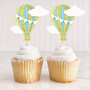 12 Heißluftballon Cupcake Topper, Baby Blau und Gold Heißluftballons, Auf und Ab Dekor, Oh die Orte, an die Sie gehen werden Geburtstag, Baby Shower