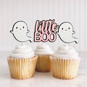 Ghost Cupcake Toppers/ Little Boo Cupcake Toppers/ Halloween Gender Reveal Toppers/ A Little Boo Is Almost Due/ Cute Ghost/ Pink/ 12 Toppers