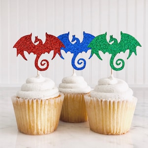 12 Dragon Cupcake Toppers/ Dragon Party Decor/ Dragon Fantasy Birthday/ Happy Birthday Dragon Decorations