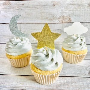 Star, Moon And Cloud Cupcake Toppers/ Baby Shower Decor/ Twinkle Twinkle Little Star Baby Shower/ Two the Moon/ 12 Pieces