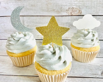 Star, Moon And Cloud Cupcake Toppers/ Baby Shower Decor/ Twinkle Twinkle Little Star Baby Shower/ Two the Moon/ 12 Pieces