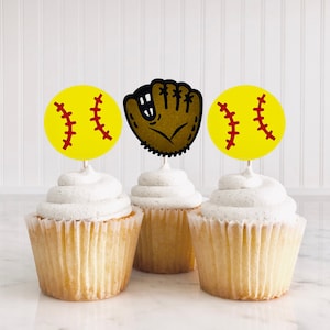 Softball Geburtstag Cupcake Toppers / Rookie des Jahres Party Dekoration / Mädchen Sport Cupcake Toppers / Schneller Ballplatz / Home Run / All-Star