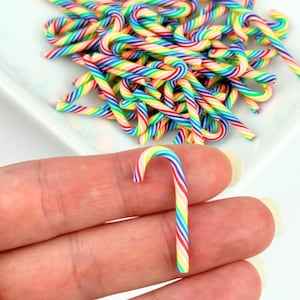 10 Miniature Candy Canes/ Rainbow Polymer Clay Candy Canes/ Candy Embellishment/ Christmas Charms/ Craft Supplies