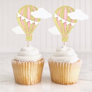 12 Heißluftballon-Kuchendeckel, rosa und goldfarbene Heißluftballons, Up, Up und Away-Dekor, oh, die Orte, an die Sie Geburtstag, Babyparty gehen werden