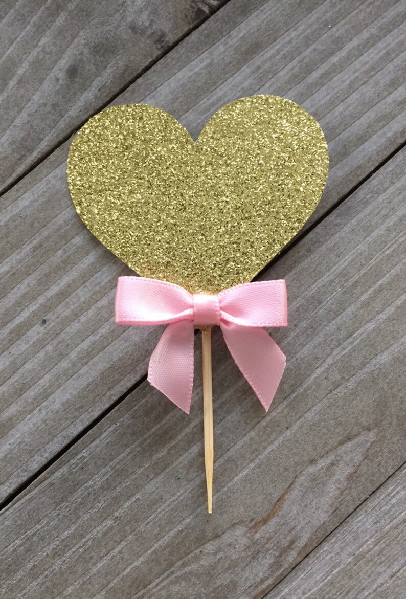 12 Heart Cupcake Toppers Gold Glitter Cupcake Toppers With Etsy