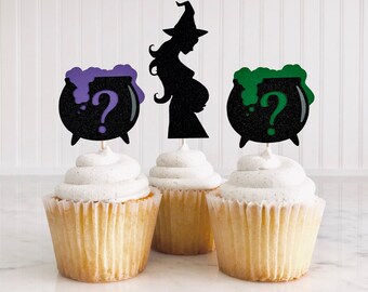 A Baby Is Brewing Cupcake Toppers/ Halloween Gender Reveal Toppers/ Little Boo Is Almost Due/ Witch Baby Shower/Boo-y Or Ghoul/ Spooky