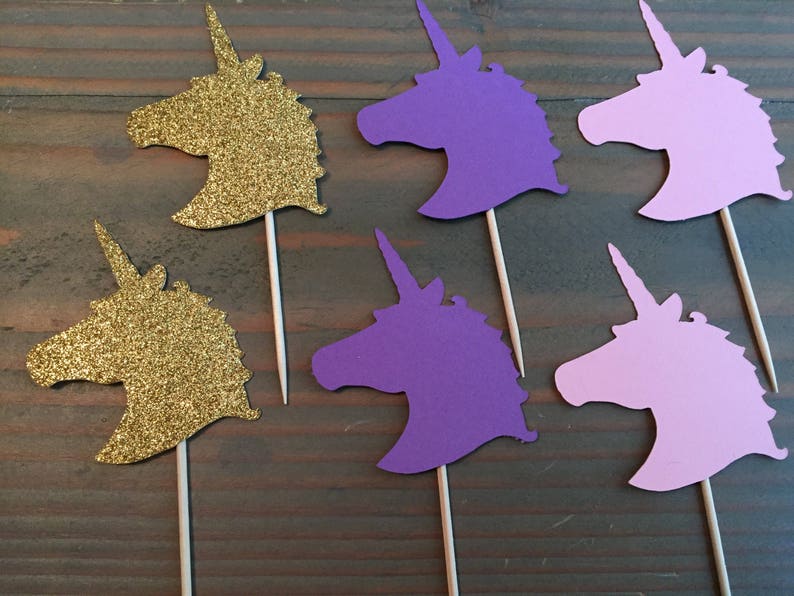 12 gold glitter pink purple unicorn head cupcake toppers