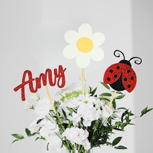 Può includere: Un mazzo di fiori bianchi con tre topper decorativi. I topper sono una coccinella rossa, una margherita bianca e un biglietto con il nome in glitter rosso che dice "Amy".