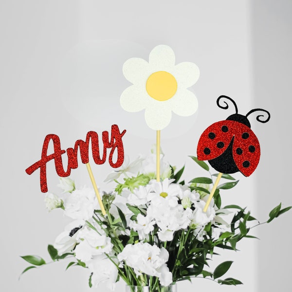 Ladybug And Daisy Party Decorations/ Little Lady Floral Centerpiece/ Custom Name Pick/ Spring Birthday/ Summer Party/ Daisy/ Garden Party