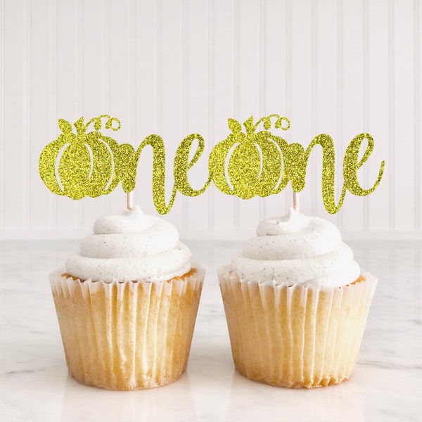 12 Gold Glitter One Pumpkin Cupcake Toppers, Little Pumpkin First Birthday, One Cupcake Toppers, Pumpkin Toppers, Fall Birthday