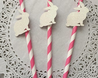 Bunny straws, Some Bunny is One decor, pink and white paper straws with bunny, Easter decorations 12 Ct.