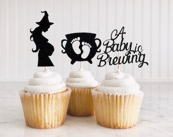 A Baby Is Brewing Cupcake Toppers/ Halloween Gender Reveal Party Decor/ Pregnant Witch Baby Shower/ Boo-y Or Ghoul/ Witch Or Wizard/ Spooky