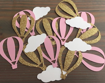 50 hot air balloon & cloud confetti, gold glitter, robin's egg, mint, baby shower, birthday party, party decorations, up and away