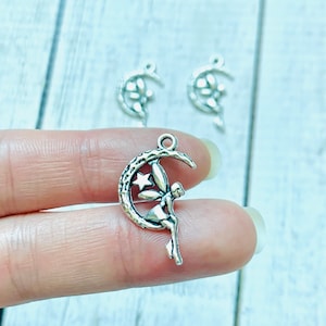 4 Moon Fairy Charms/ Fairy Charm/Fairy Sitting On Moon/ Fairy Jewelry/ Pendant/ Jewelry Making Supplies