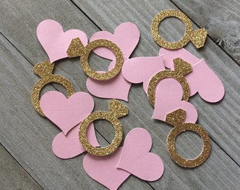 100 Bridal Shower Gold Glitter Rings And pink hearts, Wedding, Bachelorette party decor