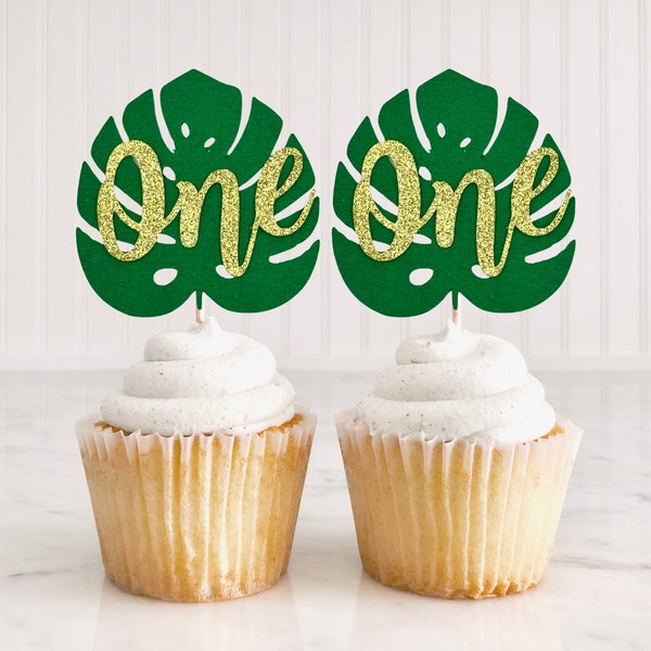 12 Monstera Leaf Cupcake Toppers/ Gold Glitter Wild One Toppers/ Safari Cupcake Toppers/ Jungle Safari Decor/ Two Wild Birthday/ 4Ever Wild