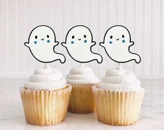 Ghost Cupcake Toppers/ Little Boo Cupcake Toppers/ Halloween Boy Birthday Toppers/ A Little Boo Is Almost Due/ Cute Ghost/ Pink/ 12 Toppers