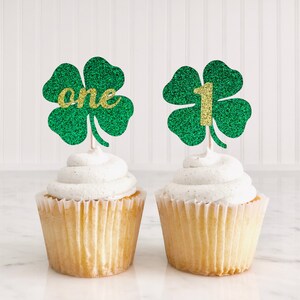 St. Patrick&#39;s Day Cupcake Toppers/ Shamrock Toppers/ Four Leaf Clover Cupcake Toppers St. Patty’s 1st Birthday Decor/ Lucky One/ Two Lucky