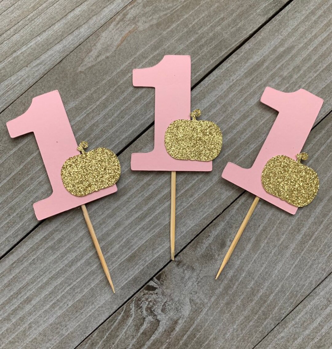 12 Pink One Cupcake Toppers With Gold Glitter Pumpkin, Little Pumpkin ...