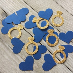 100 bagues scintillantes en or et coeurs bleu marine, confettis de douche nuptiale, enterrement de vie de jeune fille, mariage, décoration de fête de fiançailles image 4