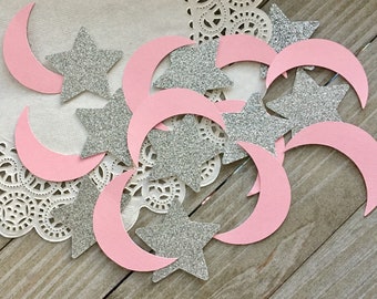 100 Moon And Star Confetti, Silver Glitter Stars And Pink Moons, Twinkle Twinkle Little Star, Baby Shower Decor, Star, Moon Confetti