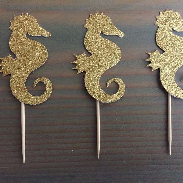 12 gold glitter seahorse cupcake toppers, under the sea party, mermaid, birthday party, baby shower