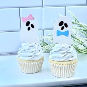 Ghost Cupcake Toppers/ Little Boo Cupcake Toppers/ Halloween Birthday Toppers/ A Little Boo Is Almost Due/ Cute Ghost/ Pink/ Blue/12 Toppers