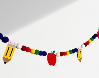 Back to School Pencil And Apple Felt Garland/ Primary Colors Rainbow Banner/ First Day Of School/ Classroom Decor/ Teacher Bulletin Board