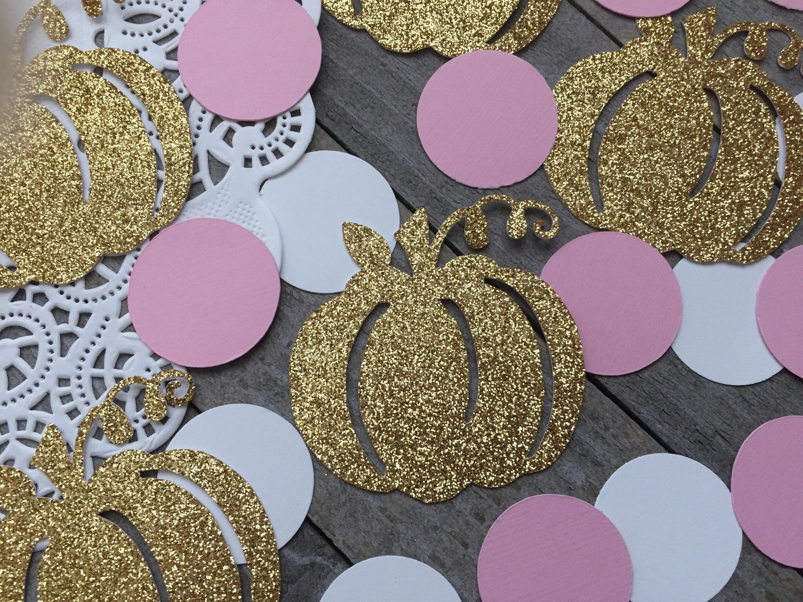 100 Gold Glitter Pumpkins With Pink and White Circles Little Etsy