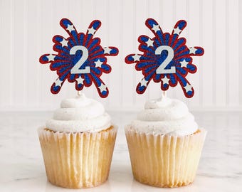 Zwei rot weisse Cupcake Topper/ 2.Geburtstag/ 4.Juli Party Dekoration/ Kleiner Feuerwerkskörper/ All American Baby