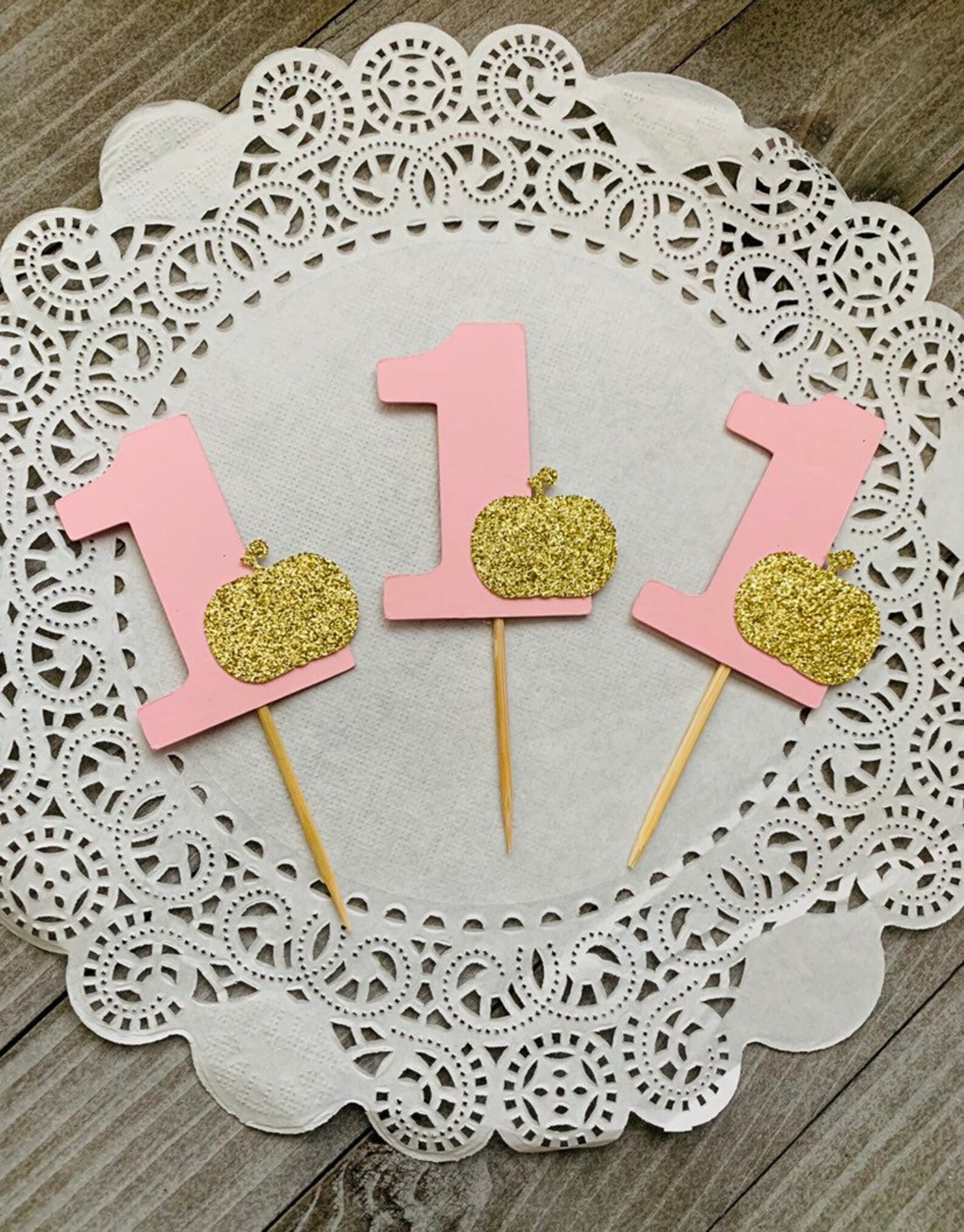 12 Pink One Cupcake Toppers With Gold Glitter Pumpkin, Little Pumpkin ...