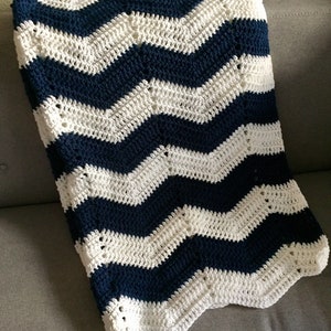 Adult size chevron Navy Blue and White crochet nautical blanket/afghan