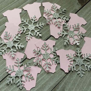 100 glitter snowflakes and pink baby body suit confetti, Winter Wonderland, Winter Baby Shower decor/ What will be baby/ Little Snowflake