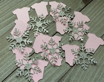 100 glittriga snöflingor och rosa babybodykonfetti, Vinterland, Vinterbabyshowerdekor/Vad blir bebisen/Lilla snöflingan