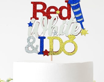 Topo de bolo vermelho, branco e "Eu aceito"/ Decoração para despedida de solteira de 4 de julho/ Artigos para festa de noivado de independência/ Chá de panela patriótico