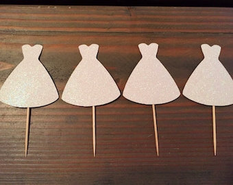 12 white glitter sparkly wedding dress cupcake toppers, bridal shower, bachelorette party, wedding, cupcake toppers