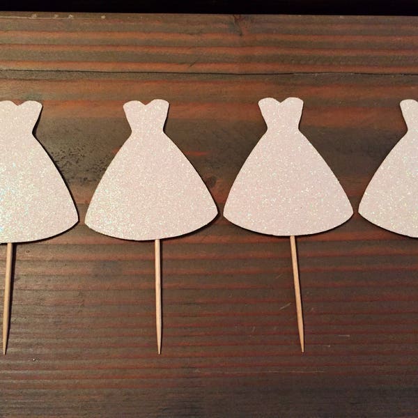 12 white glitter sparkly wedding dress cupcake toppers, bridal shower, bachelorette party, wedding, cupcake toppers